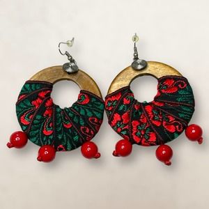 Handmade Wood & Wrapped Fabric Boho Ethnic Earrings